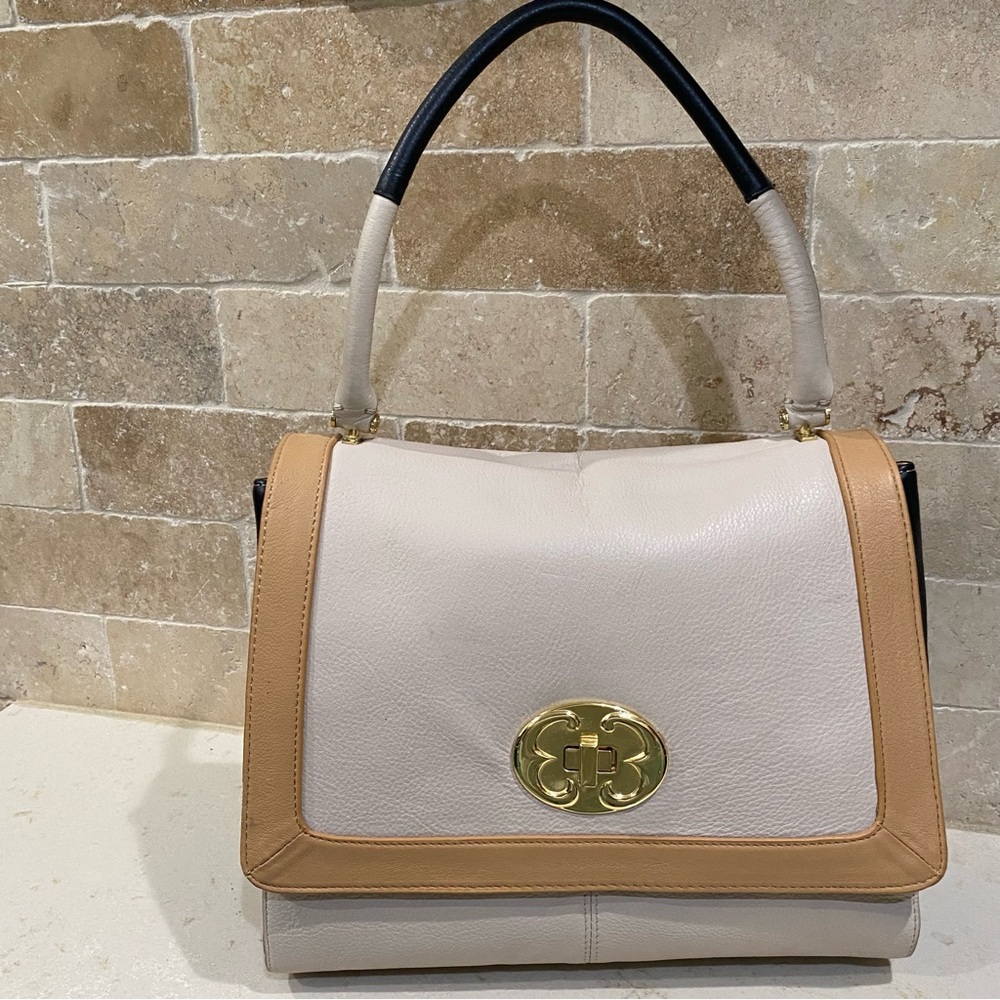 Emma Fox Pebbled Leather Satchel - Cream & Black